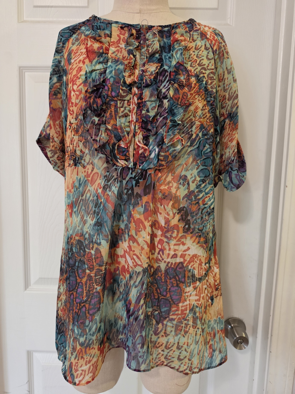 Annalee + Hope Multicolor Ruffle-Front Sheer Blouse Size Large